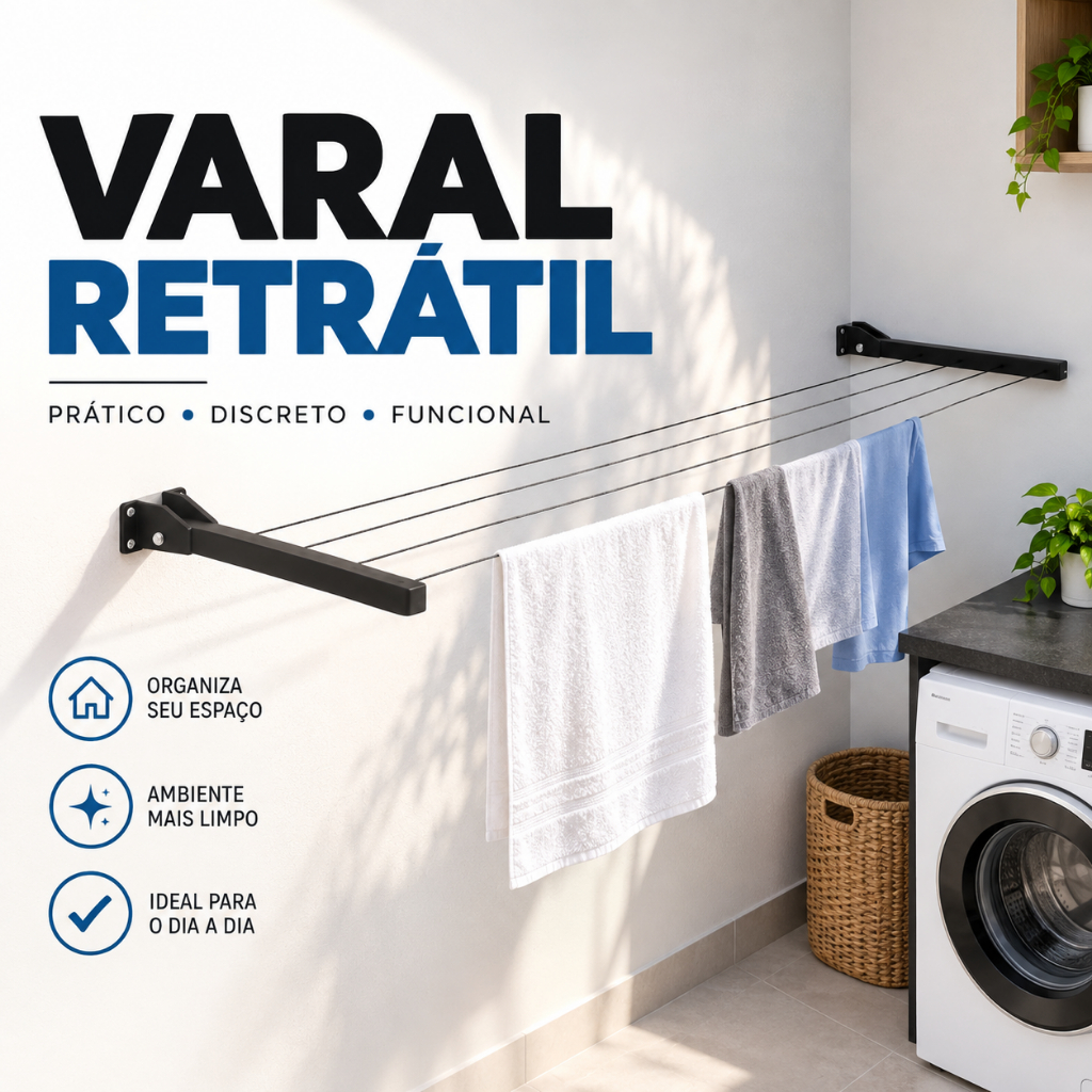 Varal de Parede Retrátil 5m Cabo de Aço Até 80kg Dobrável para Sacada Muro - Otimização de Espaço Praticidade