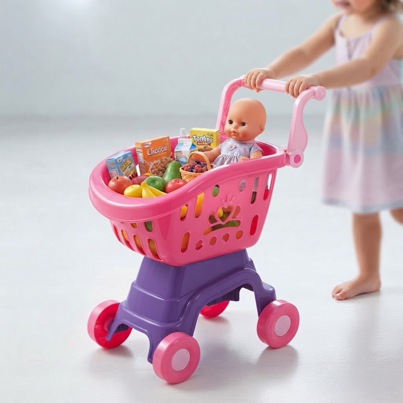 Carrinho de Boneca e Carrinho de Compras Infantil 2 em 1 Brinquedo Educativo