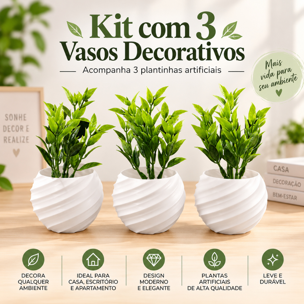 Kit de 3 Vasos Cachepot Moderno Vasinho Sala Escritório Cozinha Banheiro Decoração Delicada