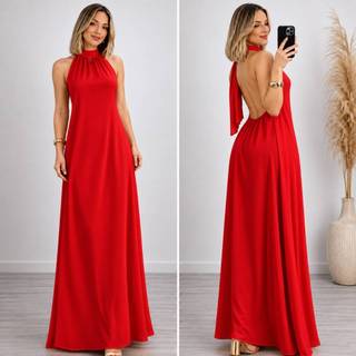 Vestido Vermelho Longo Feminino Frente Unica Costa Nua de Festa Natal Ano Novo Casamento Madrinha Formatura  Plus Size