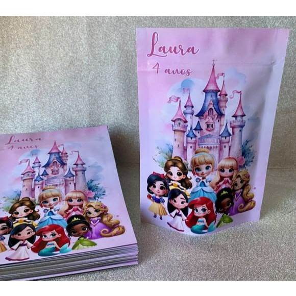 kit 30 saquinhos metalizados personalizados princesas 10x15 fazemos qualquer tema lembrancinhas festas infantis — imagem 2 de 2