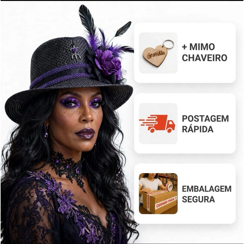Chapéu pombagira preto e roxo, Maria mulambo, Quitéria , umbanda candomblé quimbanda