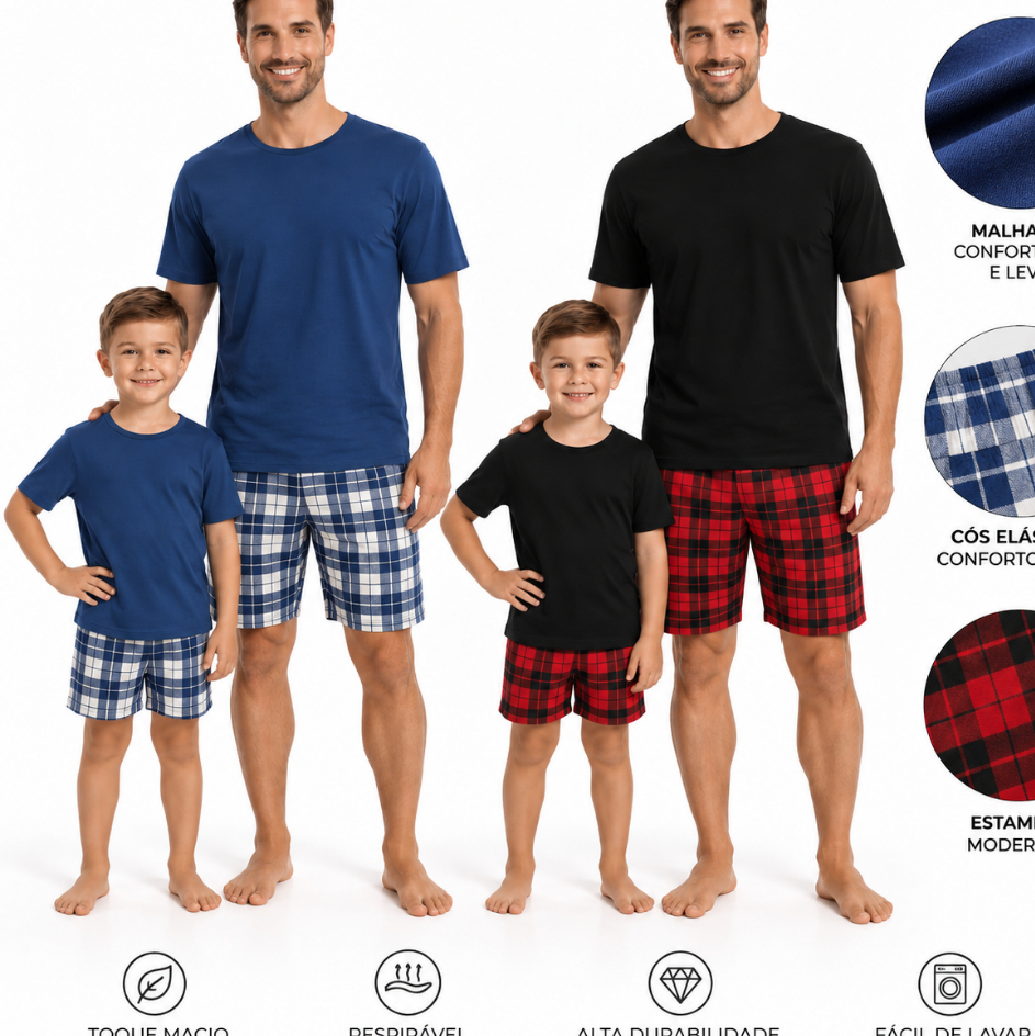 Kit 2 Pijamas Pai e Filho Curtos Verão Básico Xadrez Luxo Estampado Super Herói