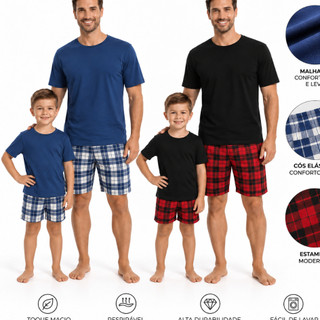 Kit 2 Pijamas Pai e Filho Curtos Verão Básico Xadrez Luxo Estampado Super Herói