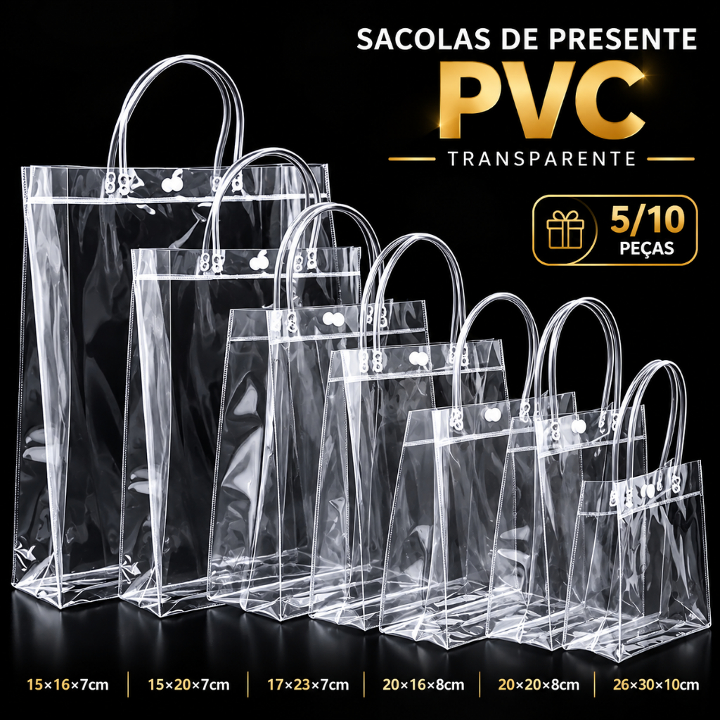 Sacola de Presente Transparente PVC com Alça Reutilizável 5/10 Peças Vários Tamanhos para Lembrancinhas, Casamento