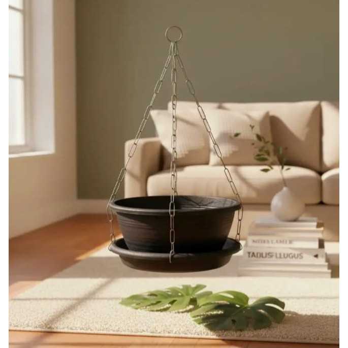 2 vasos plantas suspensas, pretos 31cm,6,6 L, com pratos e correntes grossas aço 60cm