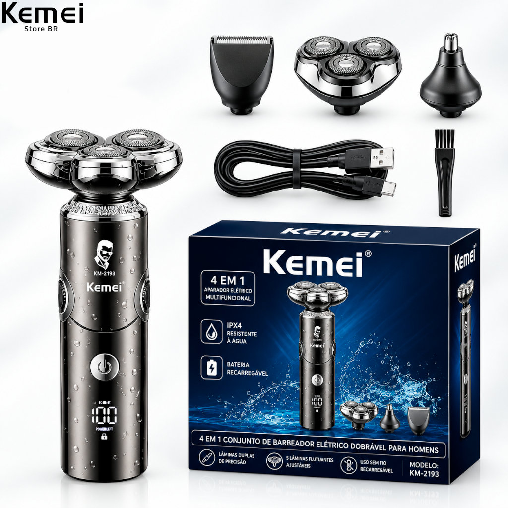 Máquina Kemei 4 em 1 KM-2193 Multifuncional USB Recarregável Sem Fio Bivolt 110/220V