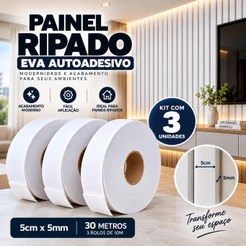 KIT 3 Fitas EVA para Ripado Branco Autocolante 5cmx5mmx30m Painel Decorativo Parede Porta e Vedaçao