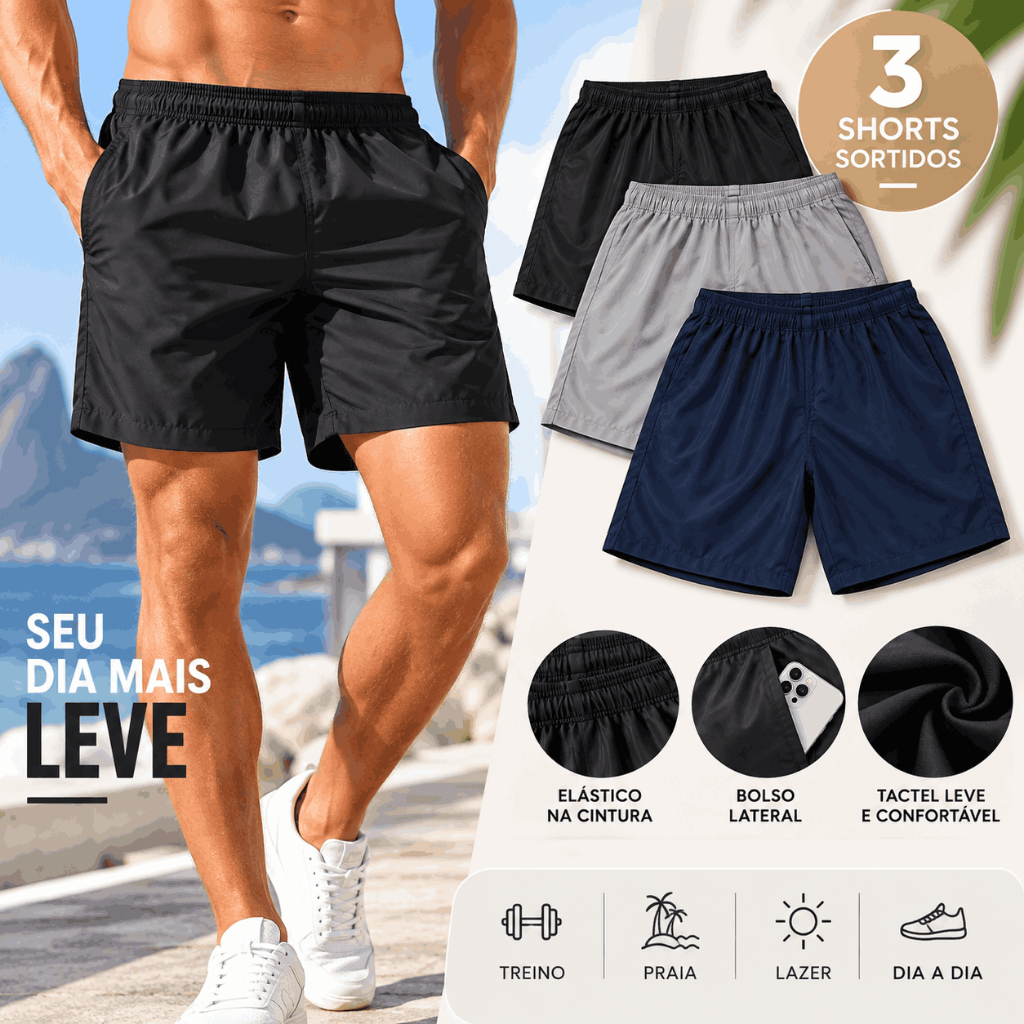 Kit Com 3 Shorts LEVE 3 PAGUE 2 Tactel Lisos Sortidos Praia Lazer Treino