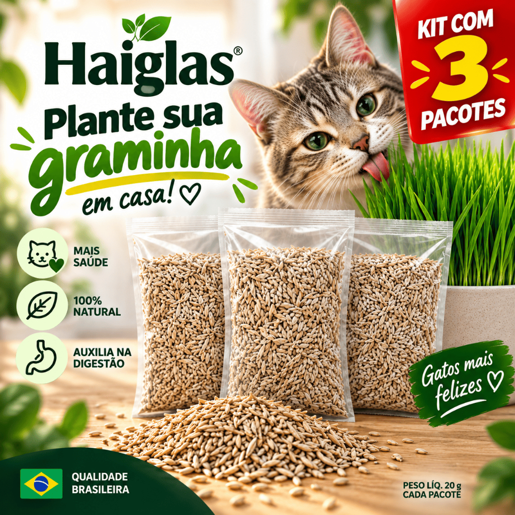 KIT COM 3 - Sementes Haiglas Premium para Gatos 20g | Cultivo Fácil em Casa | Alta Germinação
