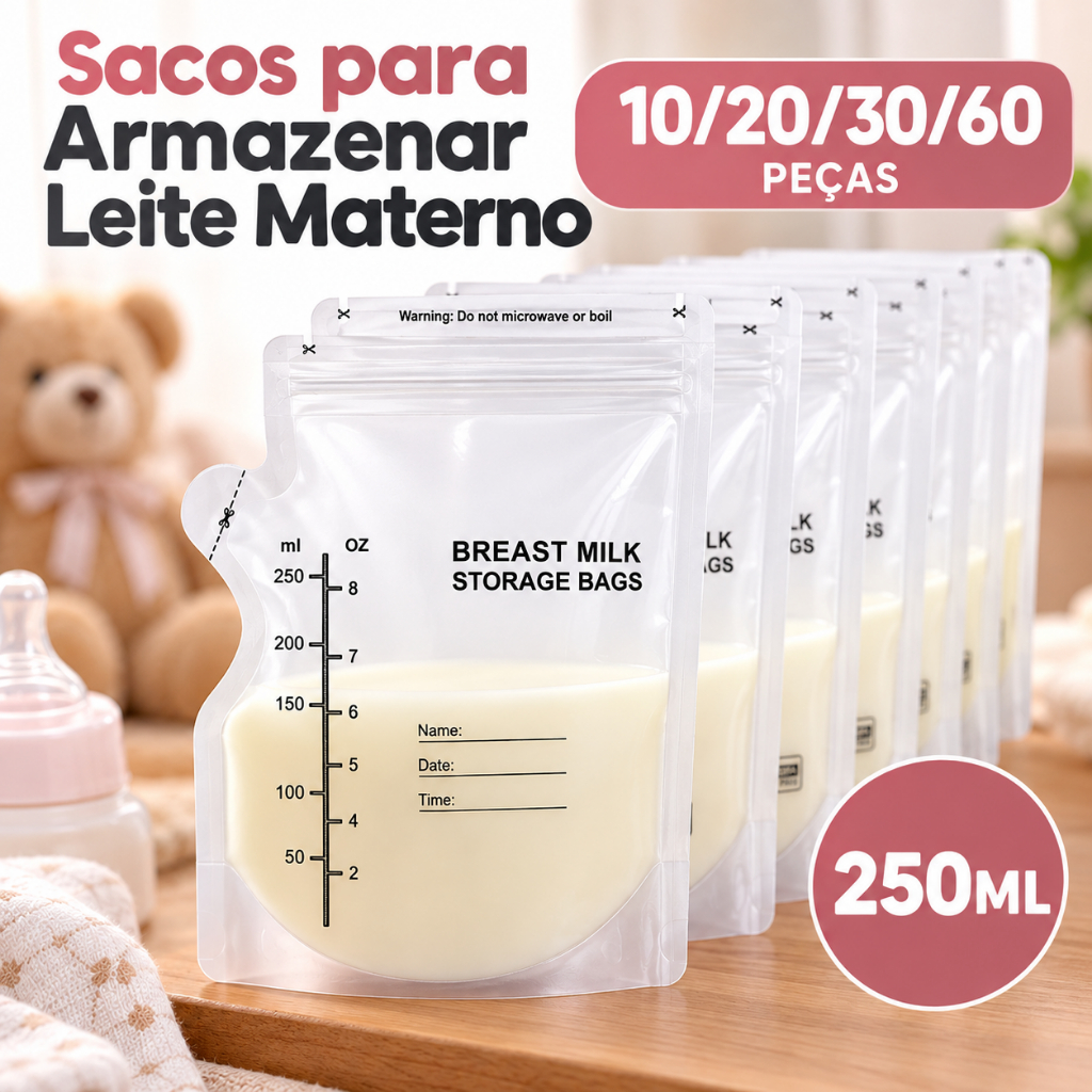 Kit 10/20/30/60 Sacos Para Armazenar Leite Materno 250ml Saquinho Congelar Freezer Amamentação Maternidade Bebê