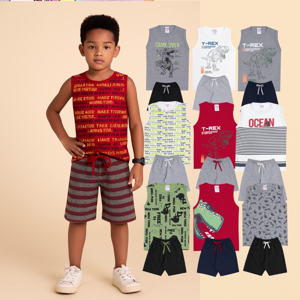 Kit 16 Peças Sortidas Roupa Infantil Menino Verão 8 Camisetas + 8 Bermudas 8 Conjuntos Masculinos Tam 1 ao 14