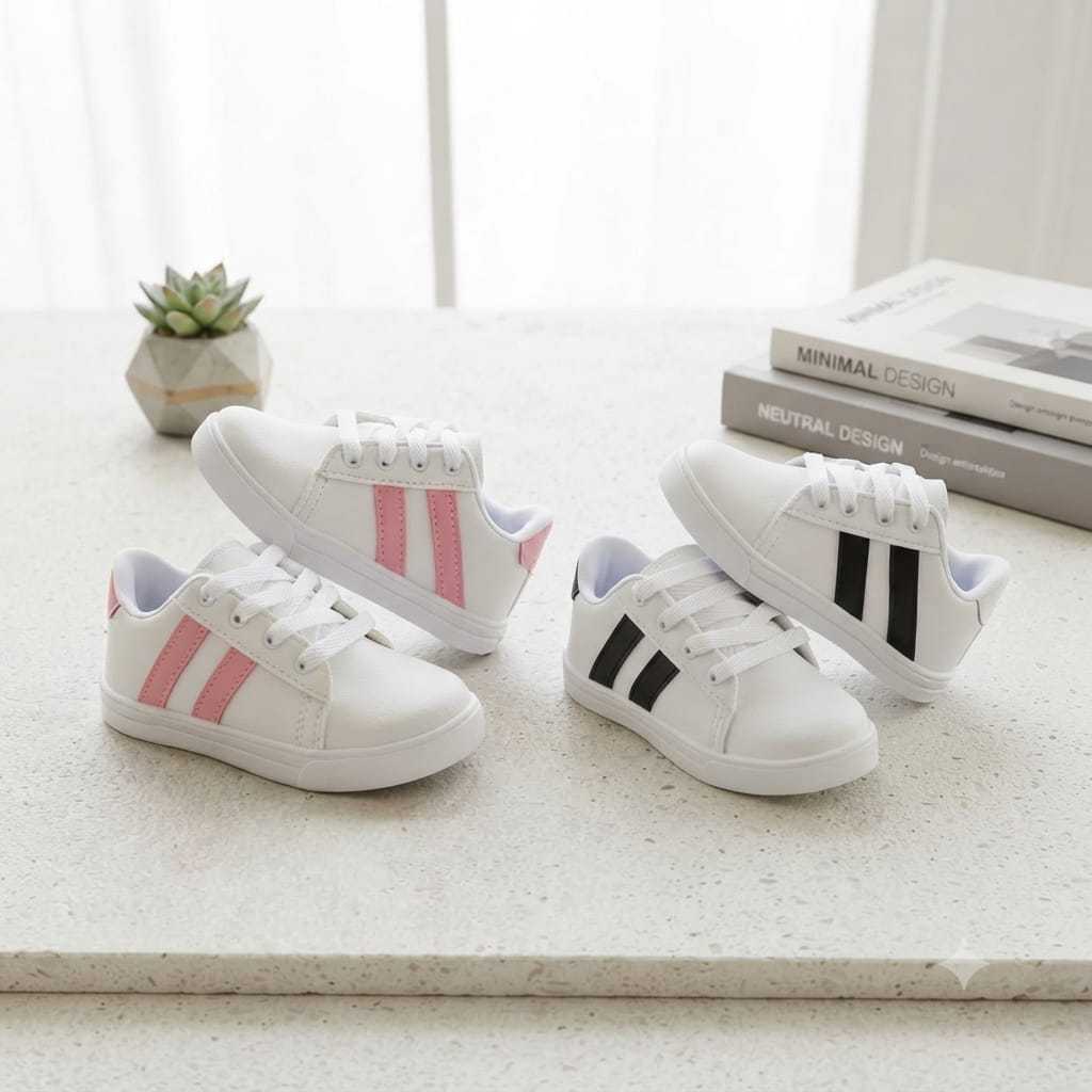 Tenis infantil unissex branco detalhe rosa ou preto confortavel e estiloso fechamento em cadarço