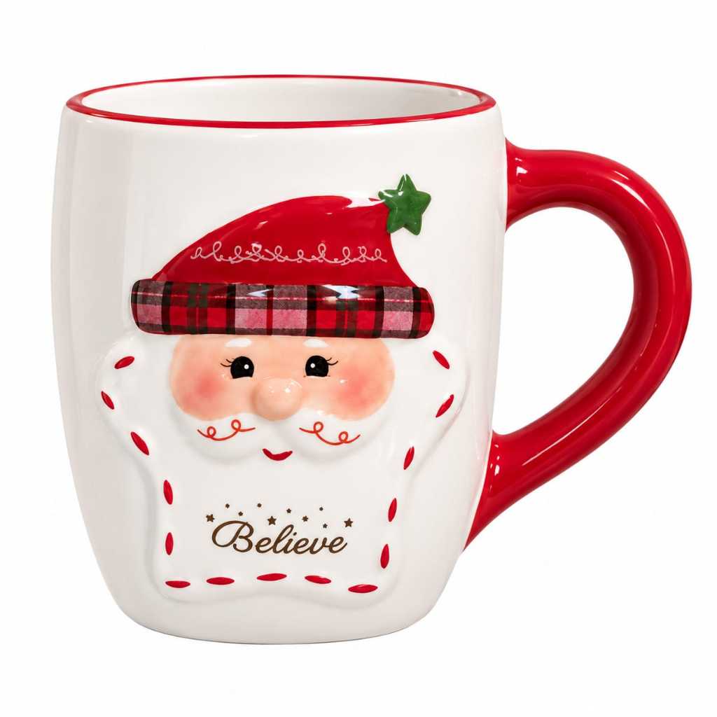 Caneca de Natal Papai Noel 400ml Cerâmica Decorada Believe Presente Natalino