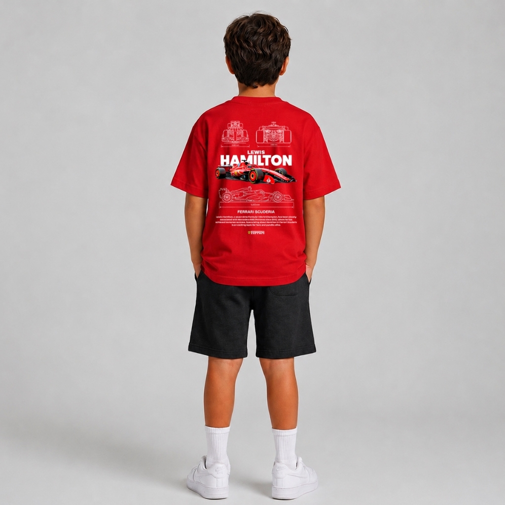 Conjunto Short + Camiseta Infantil Scuderia Ferrari Lewis Hamilton Kit 2 Peças Camiseta + Bermuda Moletinho