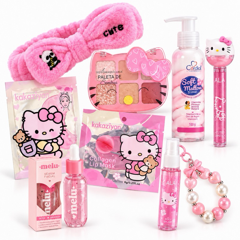 Kit Presente Menina Completo Hello Teen Com Body Splash Chaveiro Tiara Skincare Gloss E Máscaras