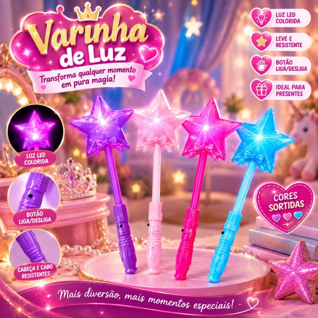 Varinha de Led Coração Estrela Bastão de Led Luz Neon Coloridas Varinha Plástico Pisca Festas