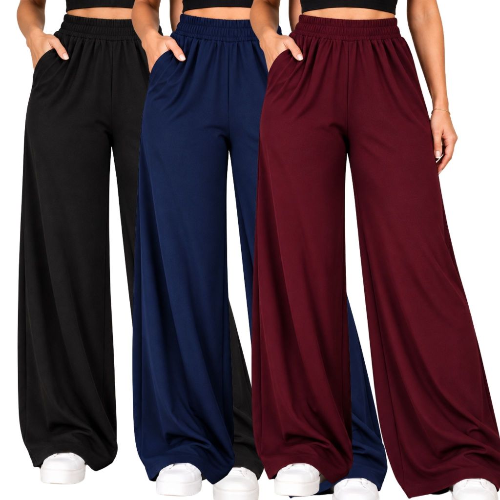 Kit 3 Calças Pantalona Duna Feminina Cintura Alta com Bolso Casual Wide Leg Soltinha Elegante