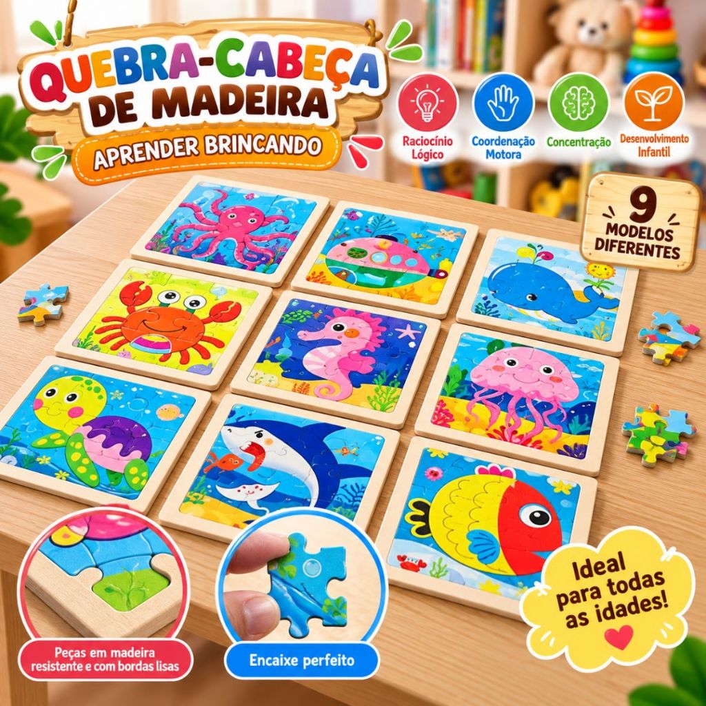 Quebra Cabeça de Madeira 9pçs Infantil Quebra-cabeça Educativo Animais Para Crianças