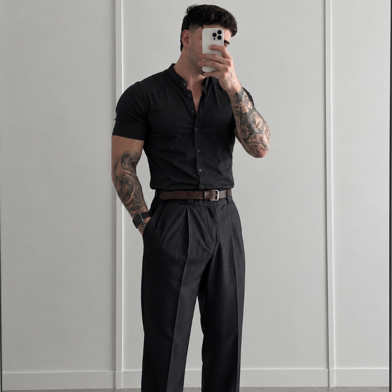 Camisas Gola Padre Social Manga Curta Slim Fit Masculino Preto,marrom,Vermelho,Branco Premium Algodão e Linho