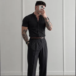 Camisas Gola Padre Social Manga Curta Slim Fit Masculino Preto,marrom,Vermelho,Branco Premium Algodão e Linho