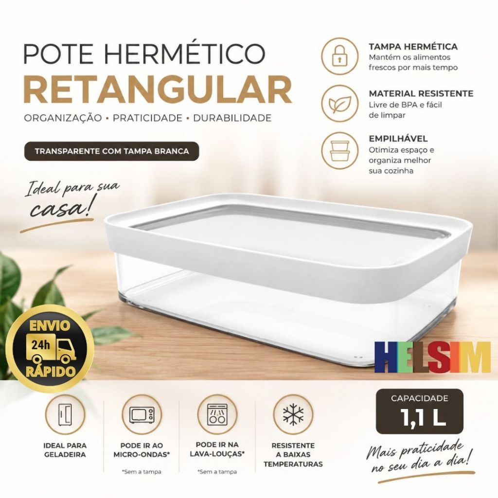 Porta Frios Hermético 1100ml Acrílico Transparente Pote Organizador de Geladeira para Alimentos Helsim