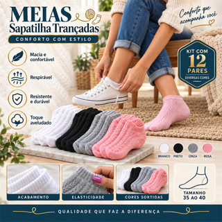 Meia Feminina Invisível Kit 12 Pares 35 ao 40 Cores Sortidas Top 10