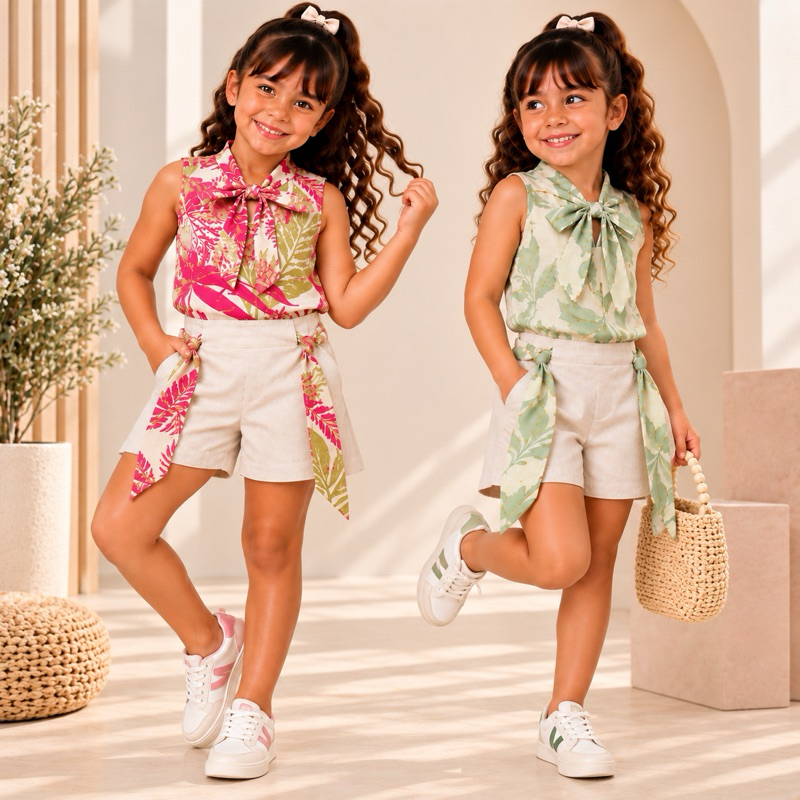 Conjunto Infantil Feminino Alto Verao Blusa Estampada + Short com Faixas