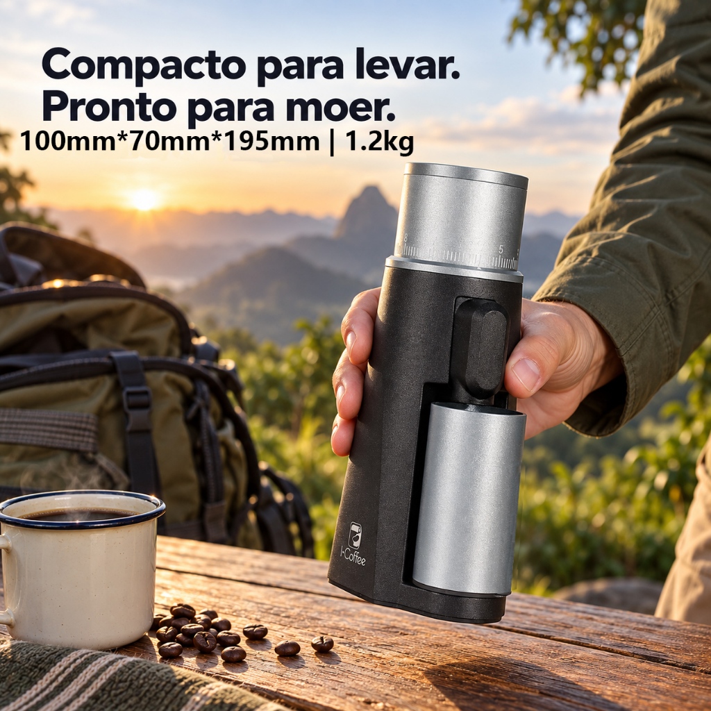 iCoffee Moedor de Café Elétrico Portátil com Bateria Recarregável USB-C Mini Rebarba Cônica Ajuste Stepless