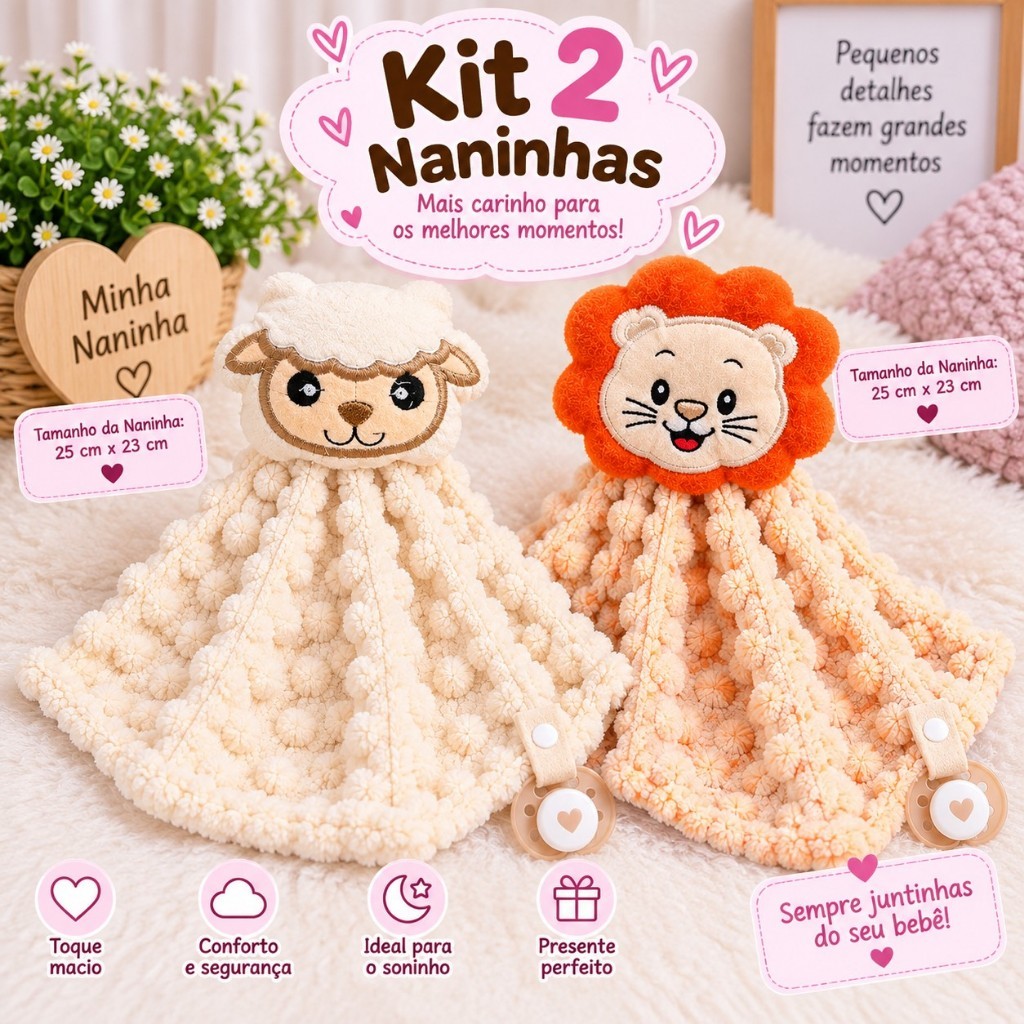Kit 2 Naninha Para Bebê Menina Menino Pipoquinha Prendedor de Chupeta 25X 23 CM