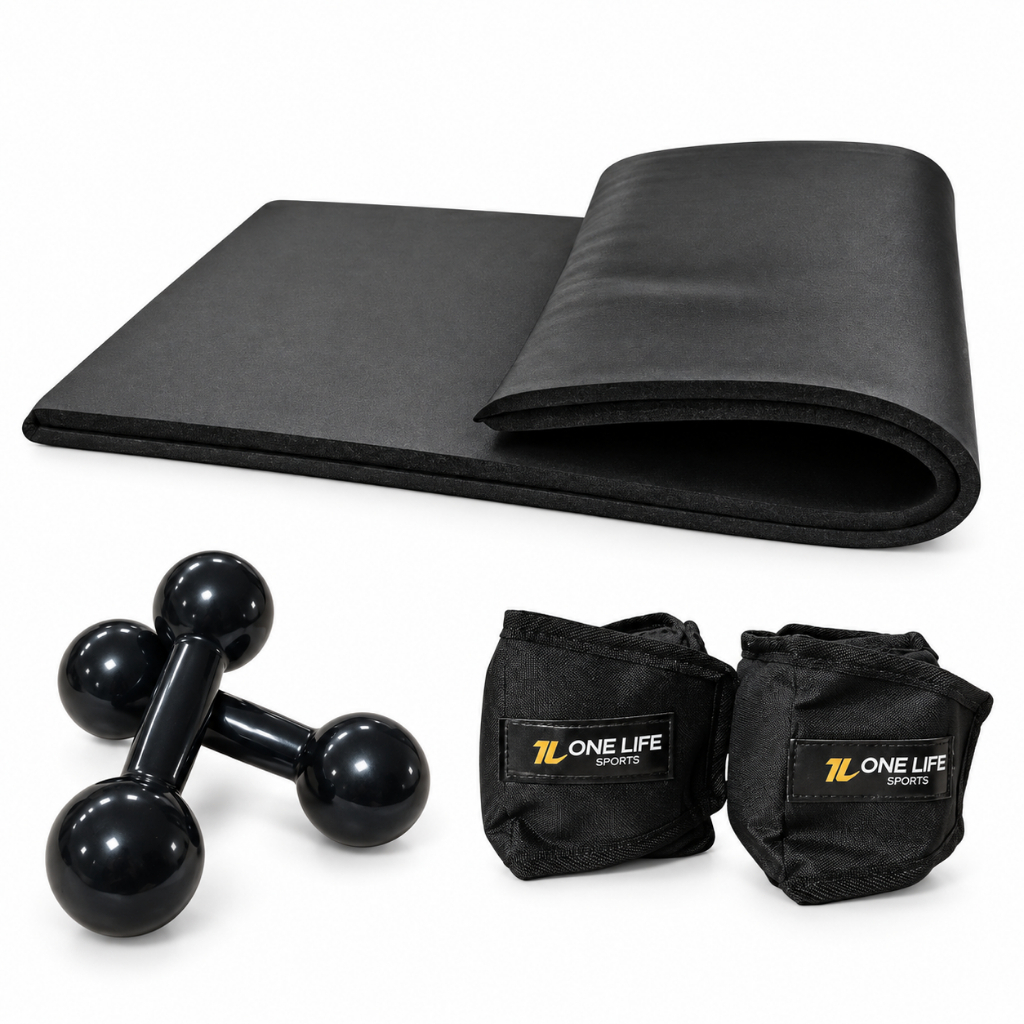 Kit Aeróbico Em Casa Caneleira 5 Kg + Colchonete + Halter 2 Kg Treino Básico Condicionamento Ftiness