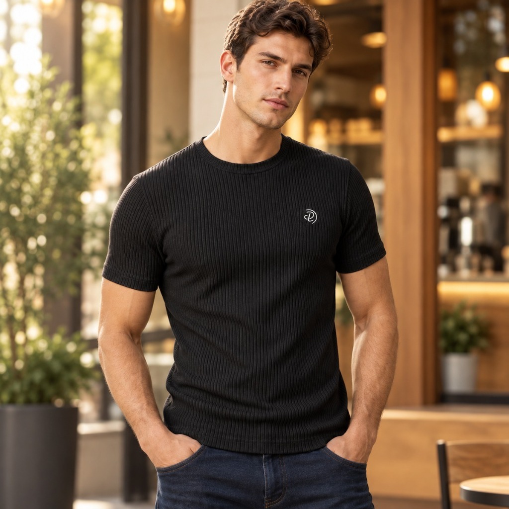 Camiseta Masculina Modelo Americano Canelada Básica Slim Ribana Justa Casual Dia a Dia