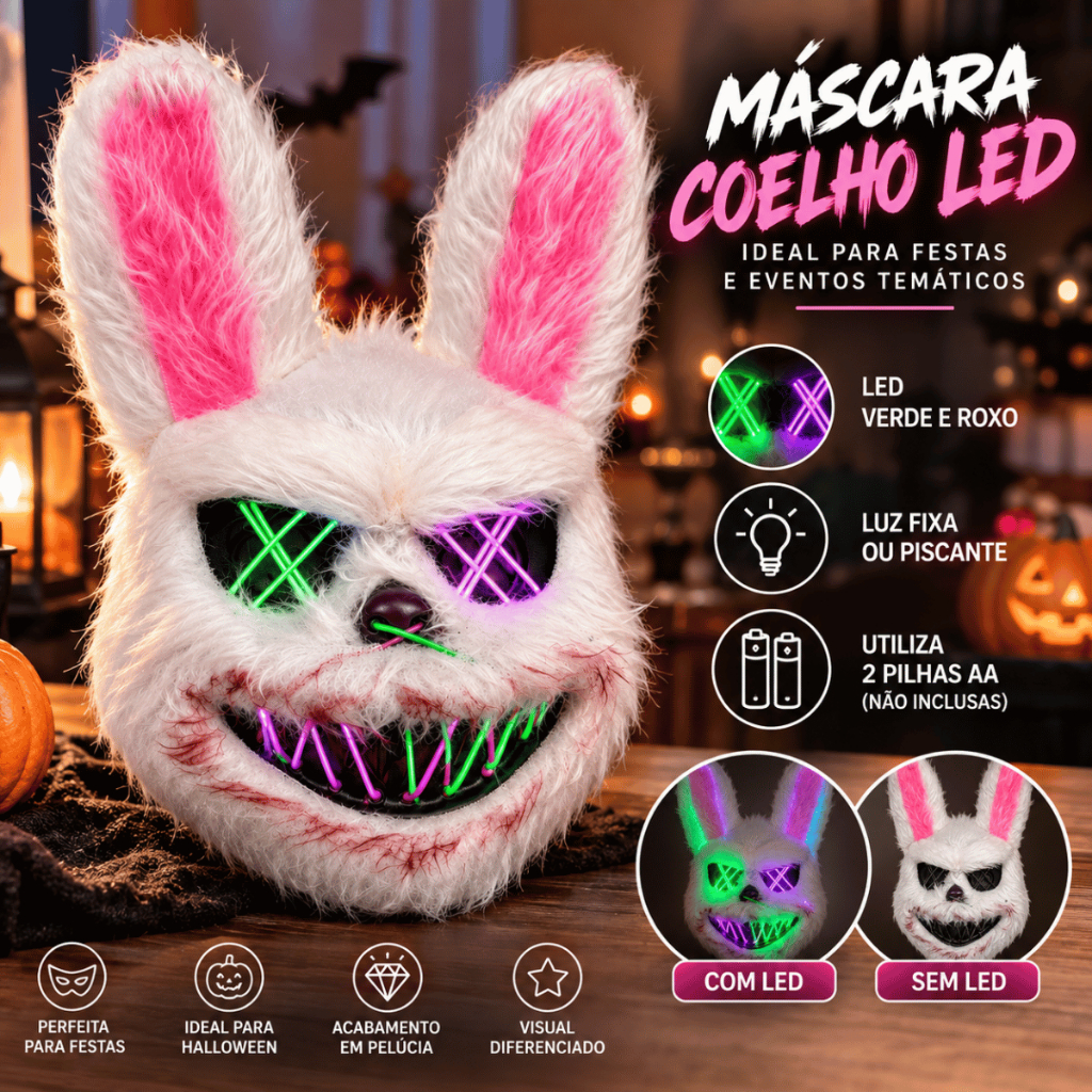 Máscara de Coelho Halloween com LED Verde e Roxo Fantasia para Festa Cosplay Adulto Sem LED
