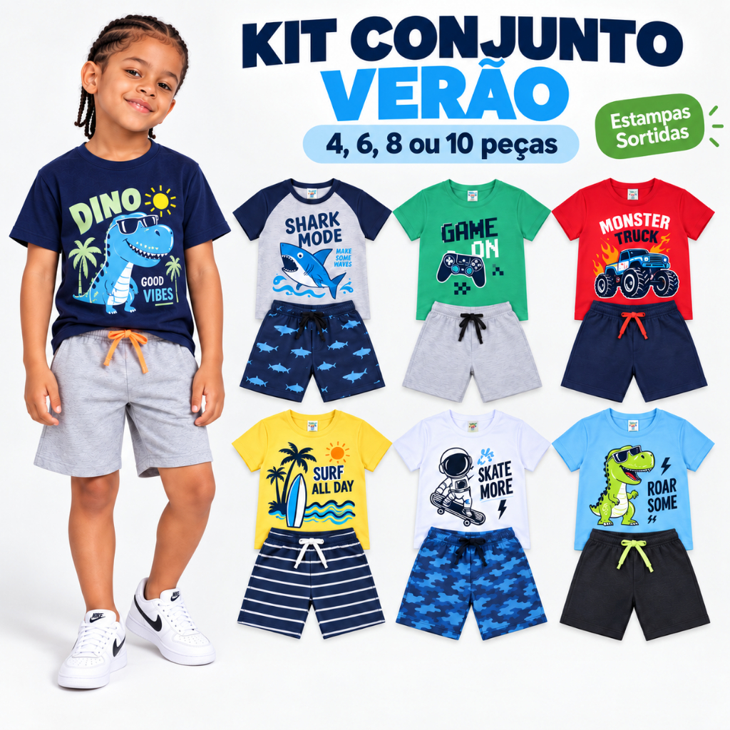 Kit de 4 a 10 Peças Conjunto Verão Menino Calor Infantil Masculino 1 a 8 anos (Camisetas + Bermudas)