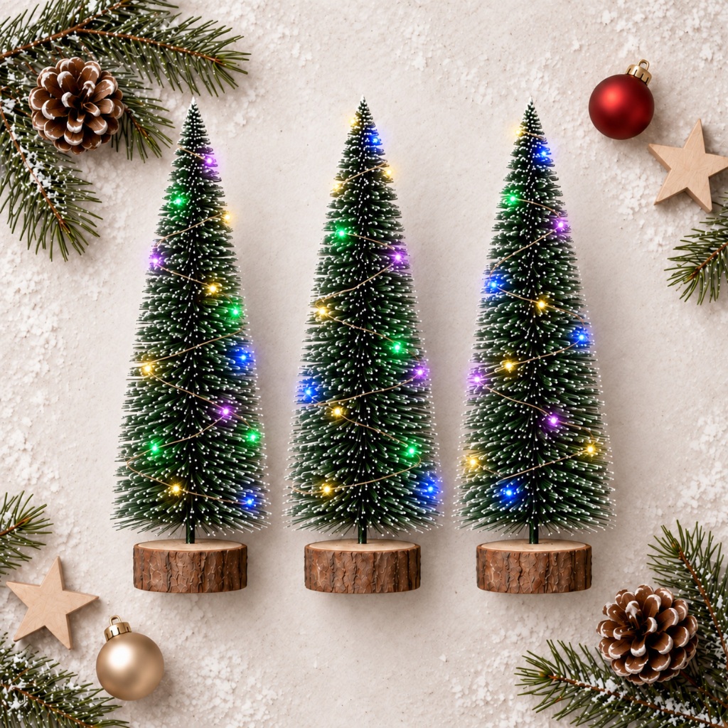 kit Mini Arvore Pinheiro Nevado Natal 20cm com LED colorido - Decoração Natalina de Mesa Enfeite Natal - Kit 1 / 2 / 3
