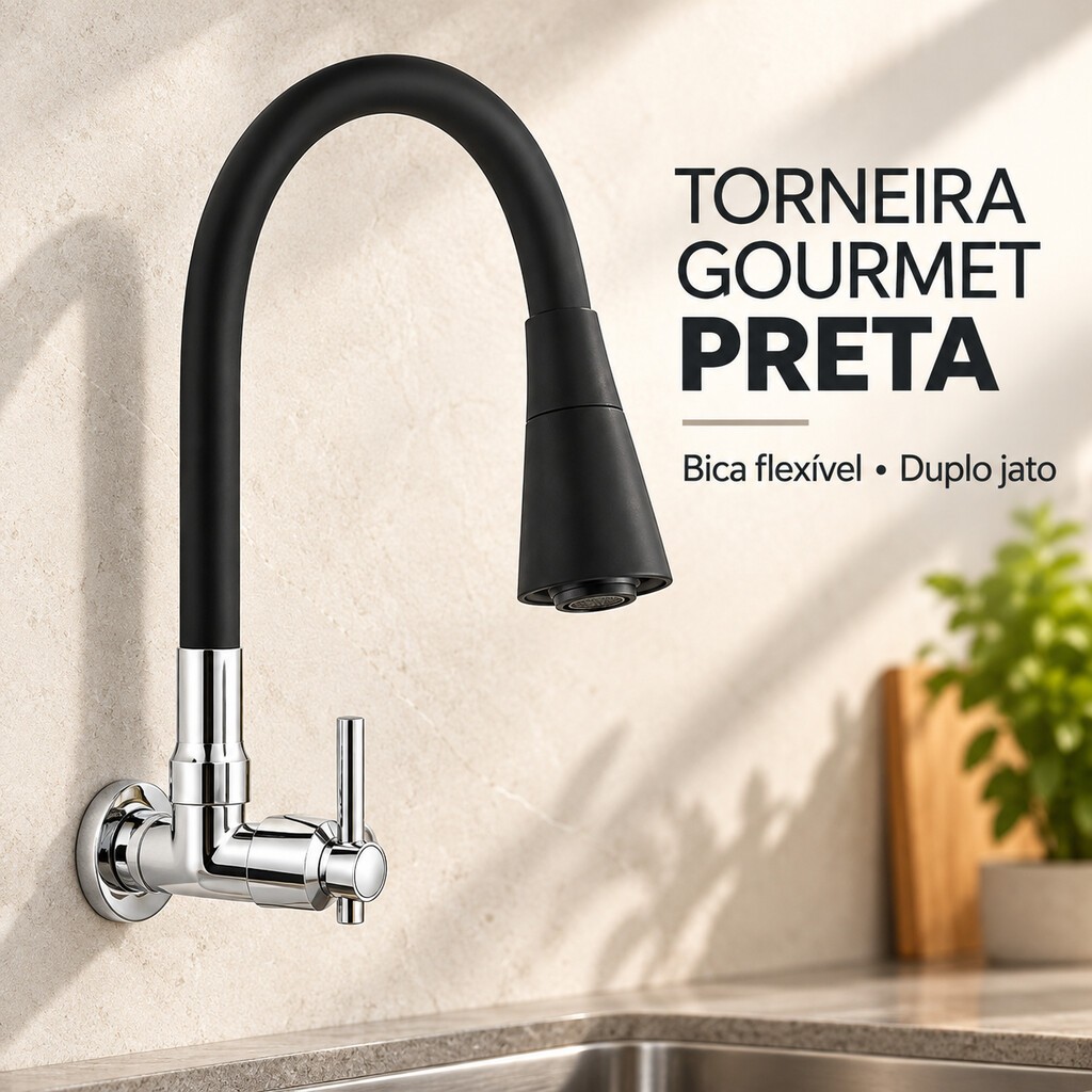 Torneira Flexível 2 Jatos 1/4 de Volta Parede Cozinha Gourmet Preta para Pia, Bancada e Mármore