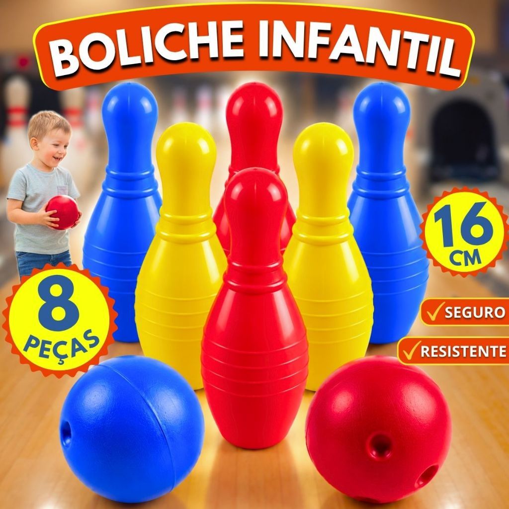 Jogo De Boliche Infantil Brinquedo  C/ 6 Pinos + 2 Bolas 16cm