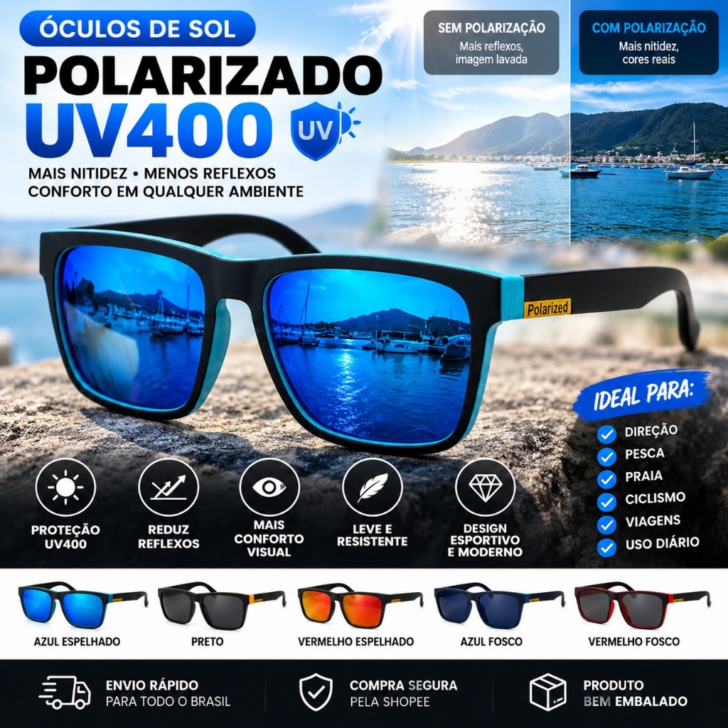 Óculos de Sol Polarizado UV400 Masculino Casual Direção Pesca