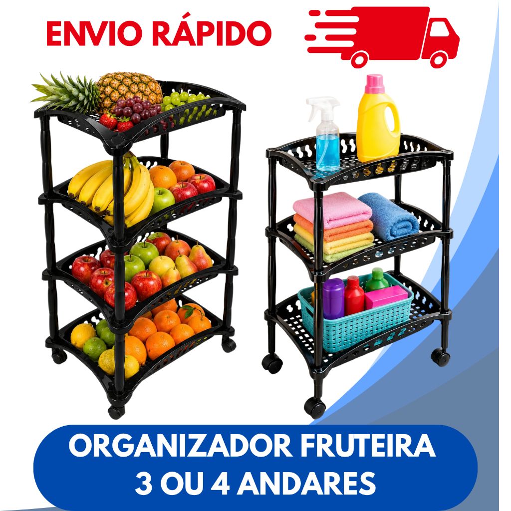 Fruteira 4 3 andares preta de chão multiuso com rodinhas cozinha lavanderia organizadora
