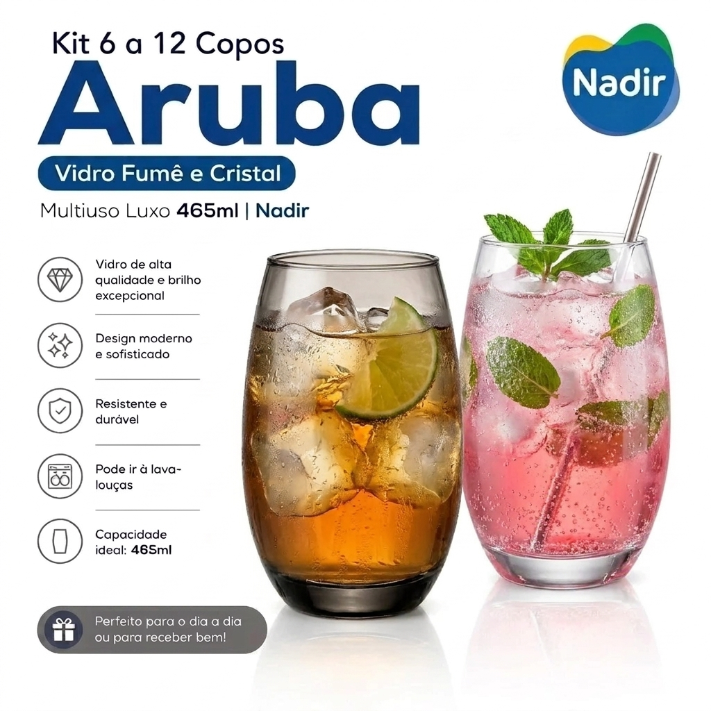 Jogo Copos de Vidro LUXO 465ml Aruba Nadir 6 Peças Transparente ou Fumê Alta Qualidade para drinks ,suco agua e refri