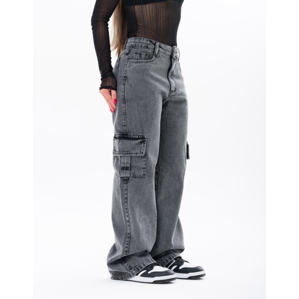 Calça Cargo Jeans Grafite Premium Confortável Cintura Alta Empina Bumbum