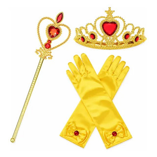 Kit Acessórios Princesa Amarelo Coroa Varinha e Luva Infantil Fantasia Festa Cosplay