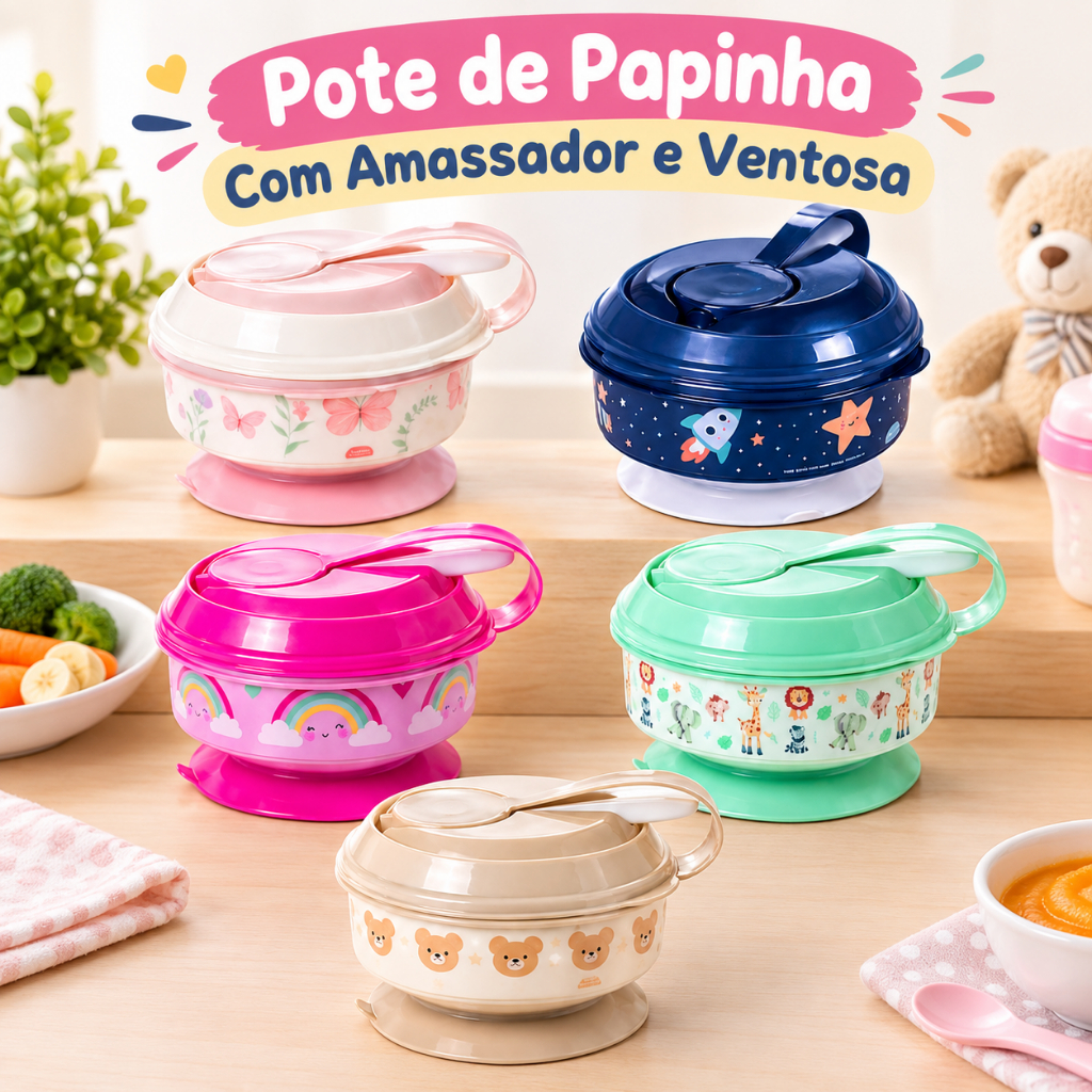 Kit Pote de Papinha Legumes Frutas com Tampa Colher Amassador 300ml Plasútil Ventosa