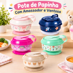 Kit Pote de Papinha Legumes Frutas com Tampa Colher Amassador 300ml Plasútil Ventosa