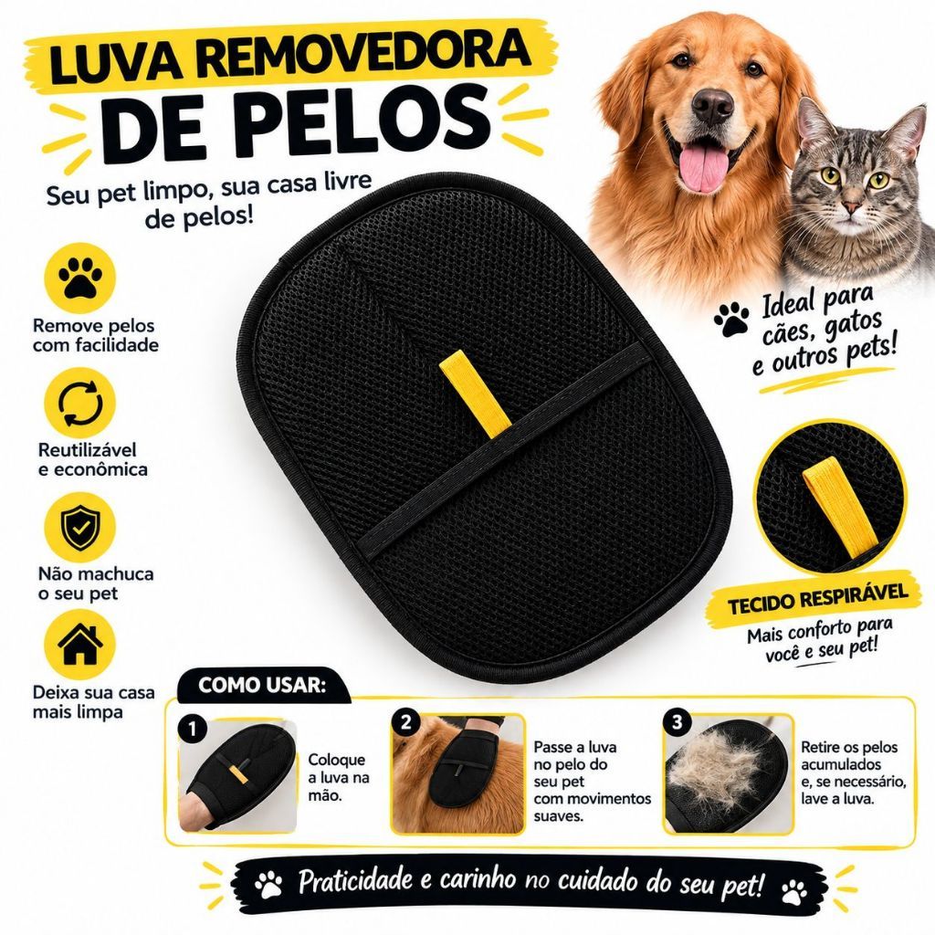 Luva Removedora de Pelos Escova Tira Pêlos Pet com Eletricidade Dupla Face Limpeza para Cães Gatos