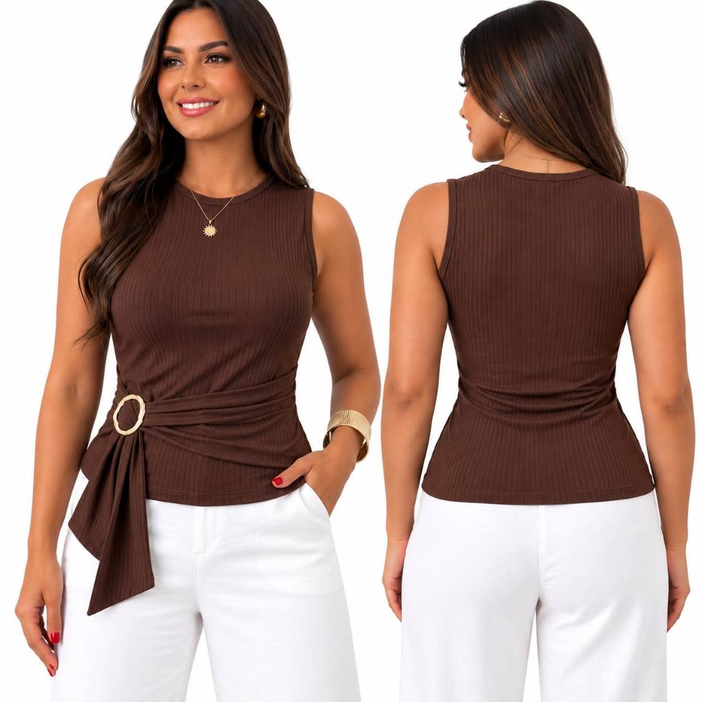 Blusa Feminina Fivela Ajustavel Acinturada Elegante Canelada Casual Regata