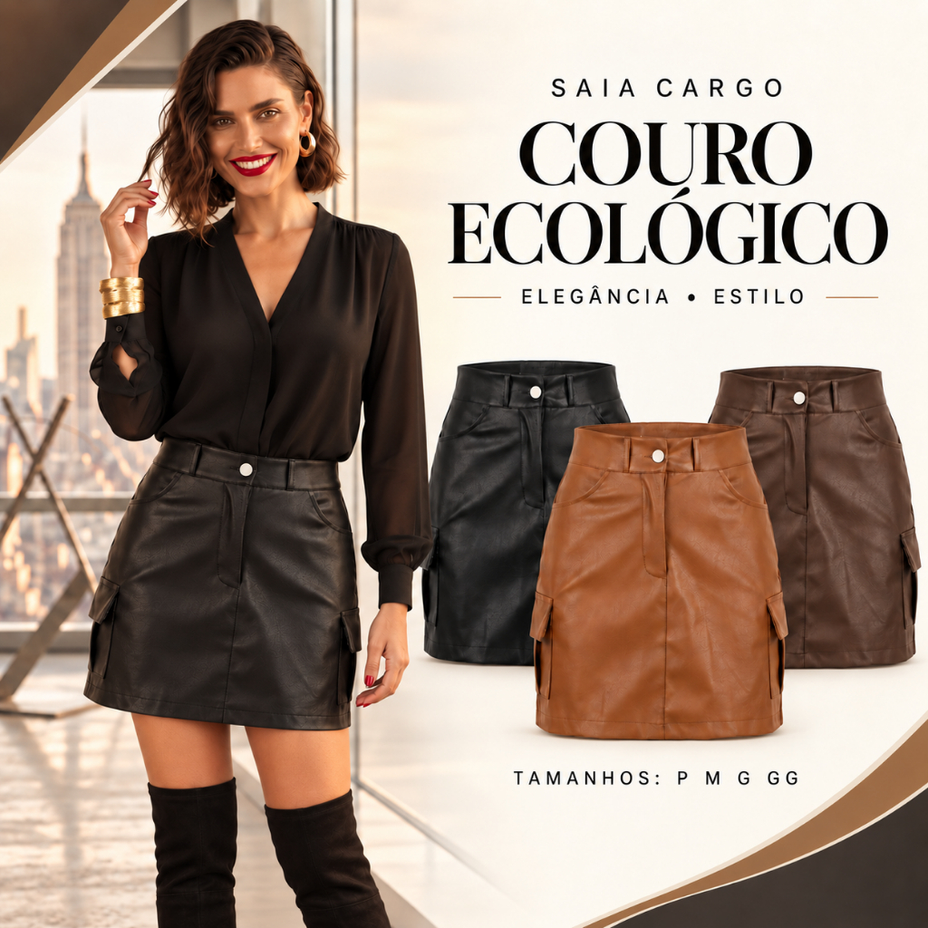 Saia Cargo Feminina em Couro Ecologico com Bolsos Moda Gringa