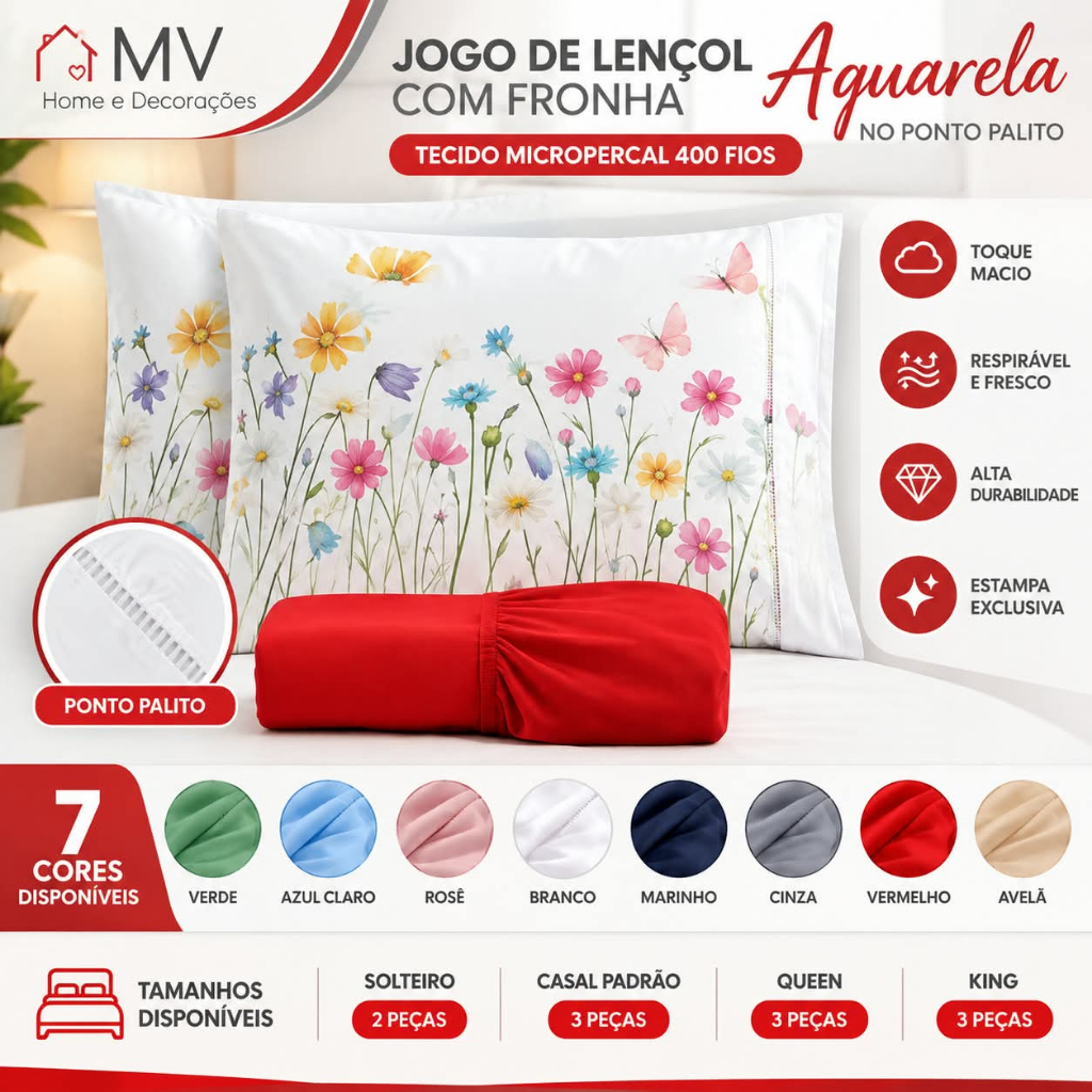 Jogo de Lençol Fronha Aquarela Estampada Micropercal 400 Fios Ponto Palito - Estampa Exclusiva