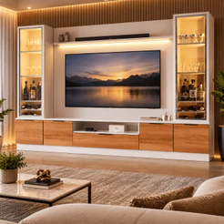 Estante Home Noble 2,70m Para TV Até 75” Com 2 Cristaleiras LED Portas Reflecta 198x270cm Sala Luxo