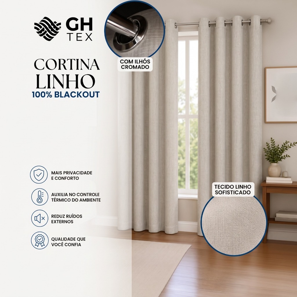 Cortina de Linho Blackout 100% para Sala e Quarto | Bloqueio de Luz e Privacidade